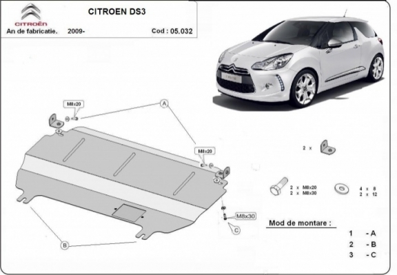 Acél motor, kapcsolószekrény védőlemez Citroen DS3