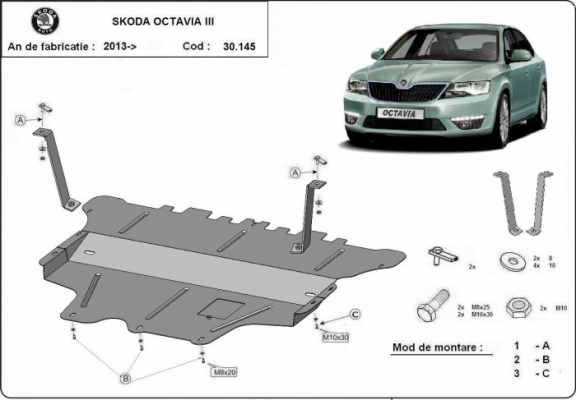 Acél motor, kapcsolószekrény védőlemez Skoda Octavia 3