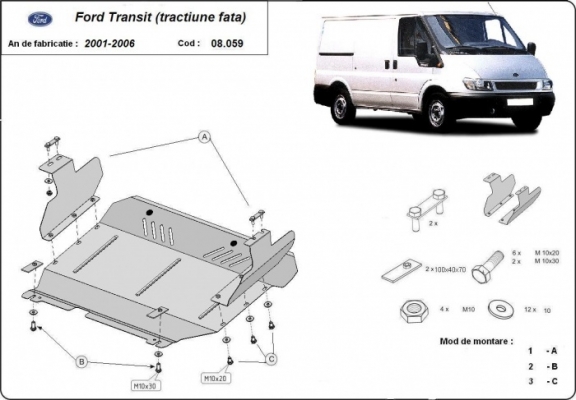 Acél motor, kapcsolószekrény védőlemez Ford Transit - FWD