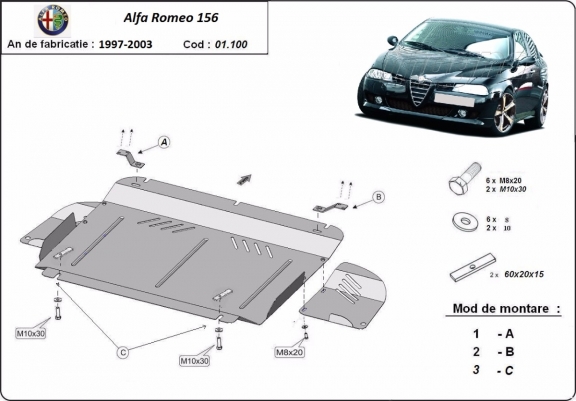 Acél motor, kapcsolószekrény, hűtő védőlemez Alfa Romeo 156