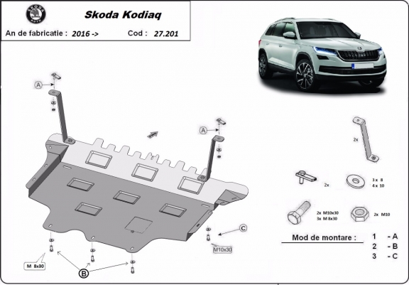 Acél motor, sebességváltó, hűtő, első lökhárító védőlemez Skoda Kodiaq
