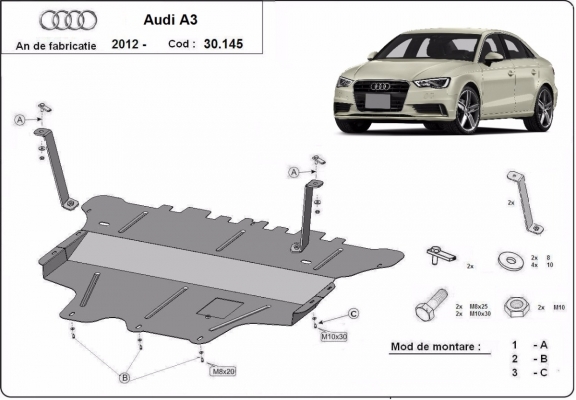 Acél motor, sebességváltó, hűtő, első lökhárító védőlemez Audi A3 (8V)