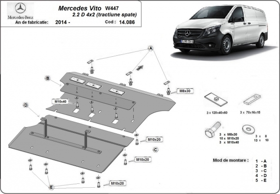 Acél motor, sebességváltó, hűtő, első lökhárító védőlemez Mercedes Vito W447 - 2.2D 4X2