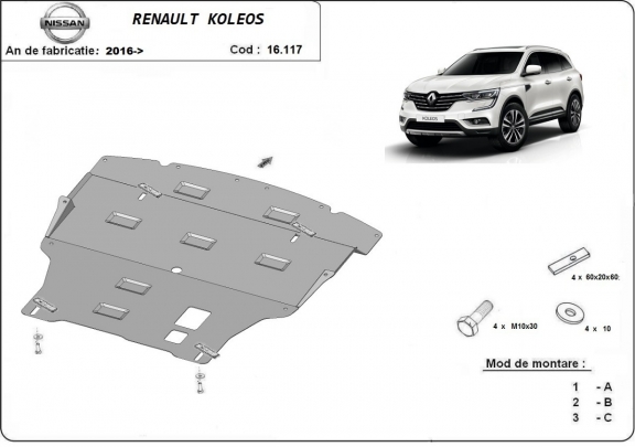 Acél motor, sebességváltó, hűtő, első lökhárító védőlemez Renault Koleos