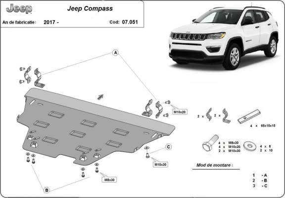 Acél motor, sebességváltó, hűtő, első lökhárító védőlemez Jeep Compass