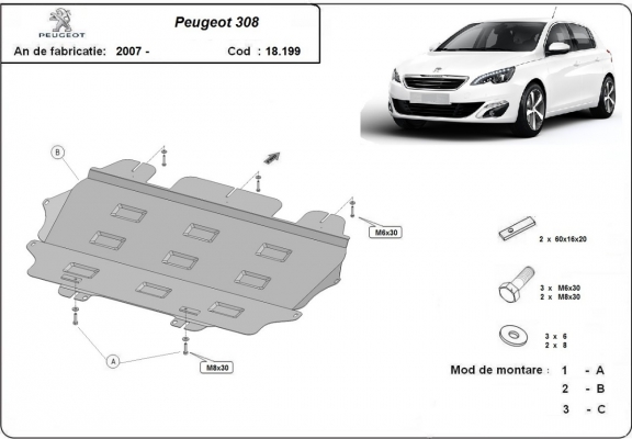 Acél motor, kapcsolószekrény, hűtő védőlemez Peugeot 308