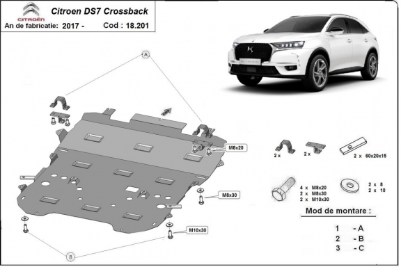 Acél motor, sebességváltó, hűtő, első lökhárító védőlemez Citroen DS7 Crossback