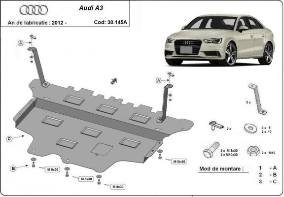 Acél motor, sebességváltó, hűtő, első lökhárító védőlemez Audi A3