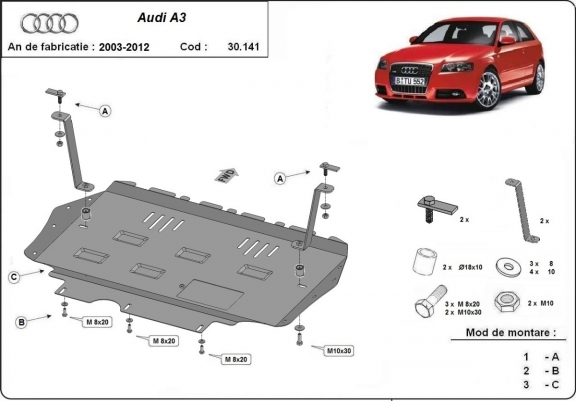 Acél motor, kapcsolószekrény, hűtő védőlemez Audi A3