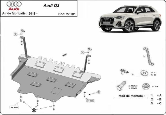 Acél motor, sebességváltó, hűtő, első lökhárító védőlemez Audi Q3