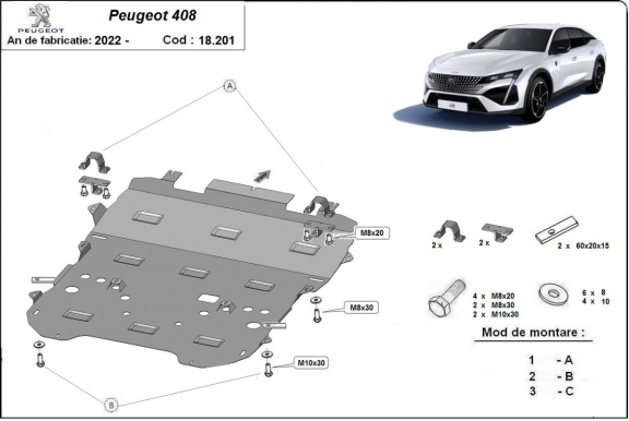 Acél motor, sebességváltó, hűtő, első lökhárító védőlemez Peugeot 408