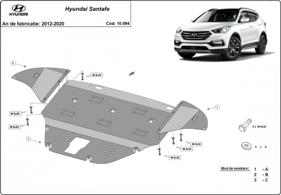 Acél motor, kapcsolószekrény, hűtő védőlemez Hyundai Santa Fe