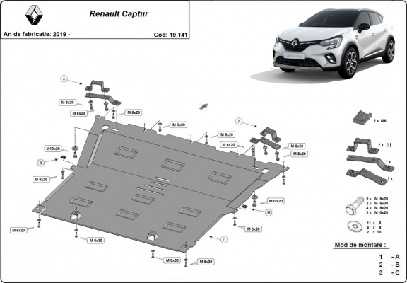 Acél motor, kapcsolószekrény, hűtő védőlemez Renault Captur