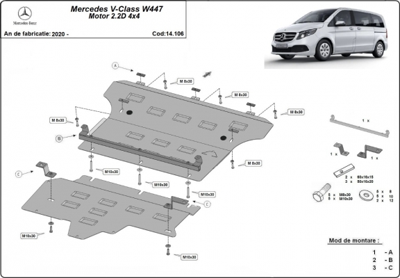 Acél motor, kapcsolószekrény védőlemez Mercedes V-Class W447 2.2 D, 4x4