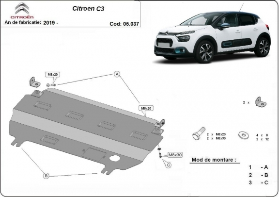 Acél motor, kapcsolószekrény védőlemez Citroen C3