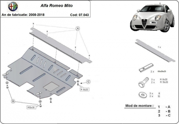 Acél motor, kapcsolószekrény, hűtő védőlemez Alfa Romeo Mito