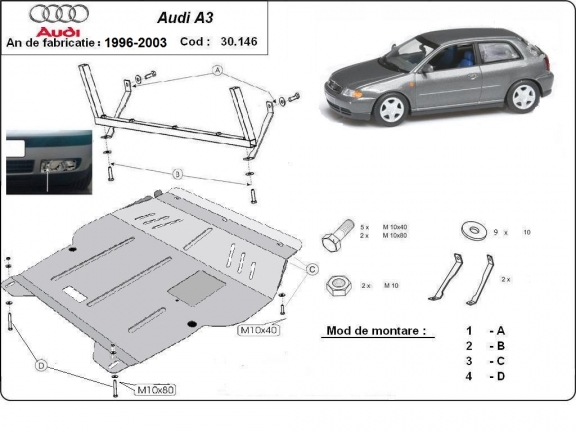 Acél motor, sebességváltó, hűtő, első lökhárító védőlemez Audi A3