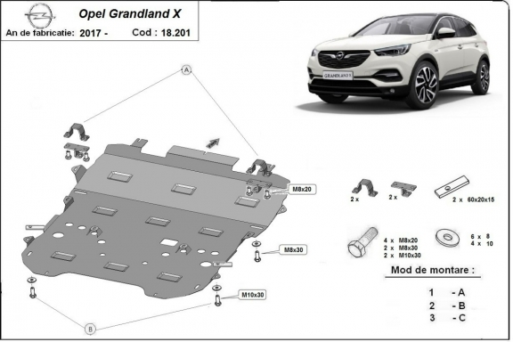Acél motor, sebességváltó, hűtő, első lökhárító védőlemez Opel Grandland X