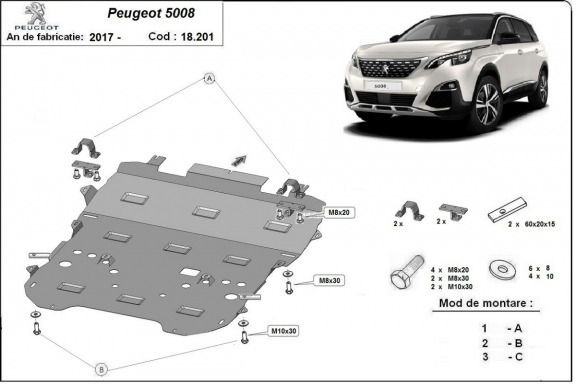 Acél motor, sebességváltó, hűtő, első lökhárító védőlemez Peugeot 5008