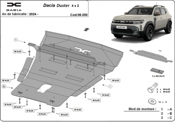 Acél motor, kapcsolószekrény védőlemez Dacia Duster - 4x2