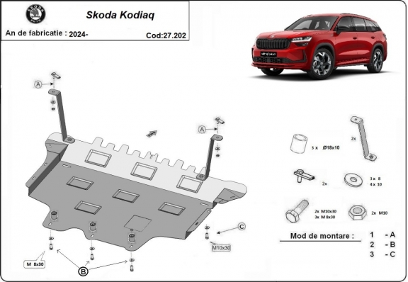 Acél motor, sebességváltó, hűtő, első lökhárító védőlemez Skoda Kodiaq