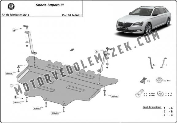 Alumínium motor-, sebességváltó-, hűtő-, első lökhárító védőlemez Skoda Superb III