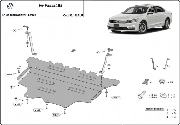 Alumínium motor-, sebességváltó-, hűtő- és első lökhárító védőlemez VW Passat B8