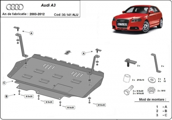 Alumínium motor-, kapcsolószekrény- és hűtő védőlemez Audi A3