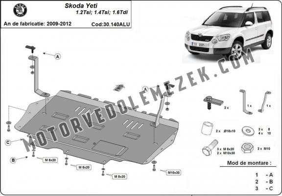 Aluminum skid plate for the protection of the engine and the gearbox for Skoda Yeti