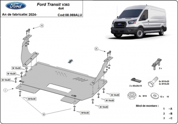 Alumínium motor, sebességváltó, hűtő, első lökhárító védőlemez Ford Transit V363 4x4