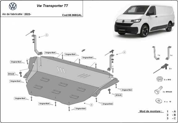 Galvanizált Acél motor, sebességváltó, hűtő, első lökhárító védőlemez Volkswagen Transporter T7