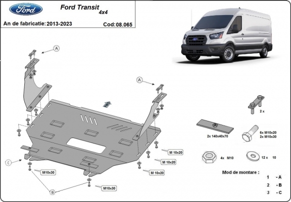 Acél motor, kapcsolószekrény, hűtő védőlemez Ford Transit - 4x4
