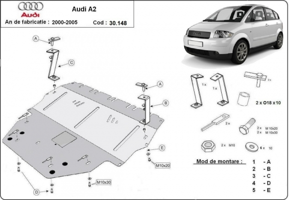 Acél motor, sebességváltó, hűtő, első lökhárító védőlemez Audi A2