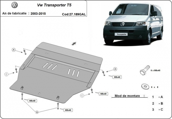 Galvanizált acél motor, sebességváltó, hűtő, első lökhárító védőlemez Volkswagen Transporter