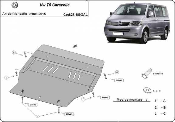 Galvanizált acél motor, sebbeségváltó, hütő, első lökhárító védőlemez Volkswagen Transporter T5 Caravelle