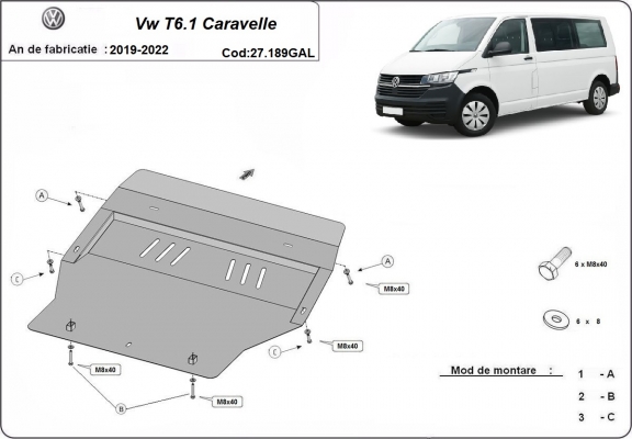 Galvanizált acél motor, sebbeségváltó, hütő, első lökhárító védőlemez Volkswagen Transporter T6.1 Caravelle
