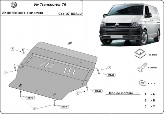 Alumínium motor, sebességváltó, hűtő, első lökhárító védőlemez Volkswagen Transporter T6