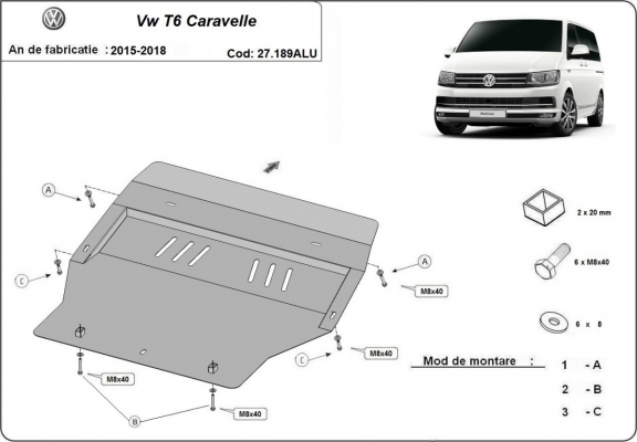 Alumínium motor, sebességváltó, hűtő, első lökhárító védőlemez Volkswagen Transporter T6 Caravelle