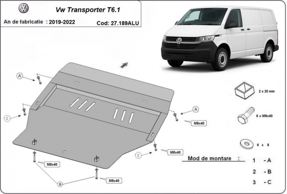 Alumínium motor, sebességváltó, hűtő, első lökhárító védőlemez Volkswagen Transporter T6.1