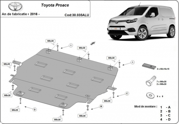 Aluminium motor, kapcsolószekrény védőlemez Toyota Proace