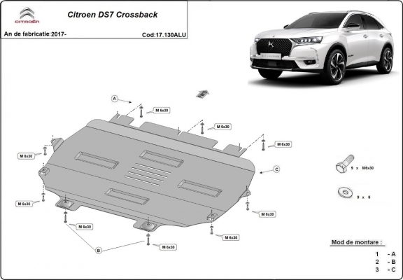 Aluminium motor, kapcsolószekrény védőlemez Citroen DS7 Crossback