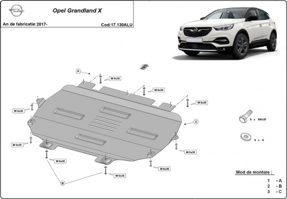 Aluminium motor, kapcsolószekrény védőlemez Opel Grandland X