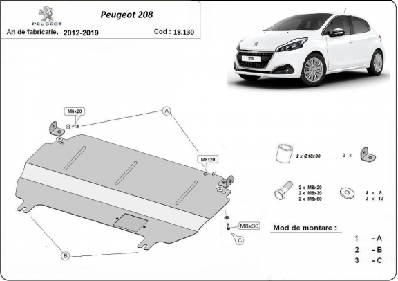 Acél motor, kapcsolószekrény védőlemez Peugeot 208