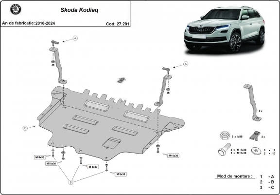 Acél motor, sebességváltó, hűtő, első lökhárító védőlemez Skoda Kodiaq