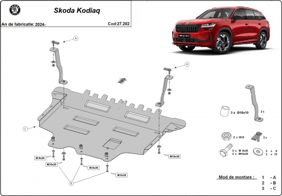 Acél motor, sebességváltó, hűtő, első lökhárító védőlemez Skoda Kodiaq