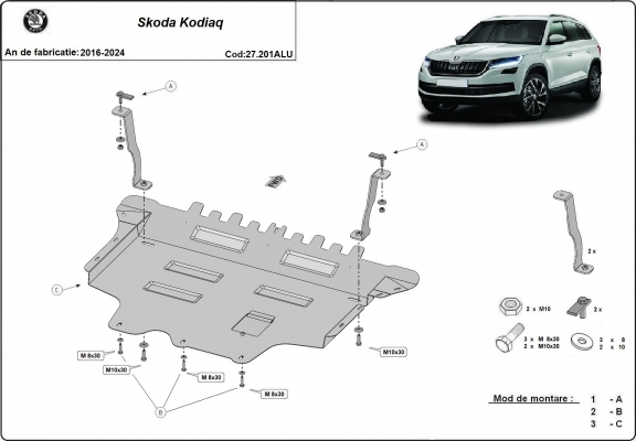 Alumínium motor, sebességváltó, hűtő, első lökhárító védőlemez Skoda Kodiaq