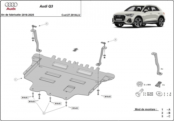 Alumínium motor-, sebességváltó-, hűtő- és első lökhárító védőlemez Audi Q3