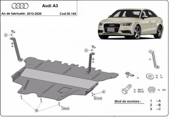 Acél motor, sebességváltó, hűtő, első lökhárító védőlemez Audi A3 (8V)