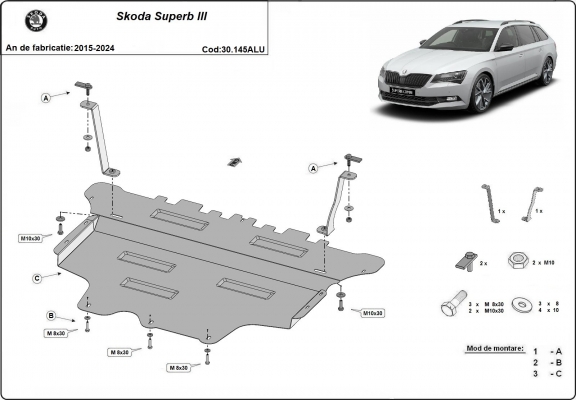 Alumínium motor-, sebességváltó-, hűtő-, első lökhárító védőlemez Skoda Superb III