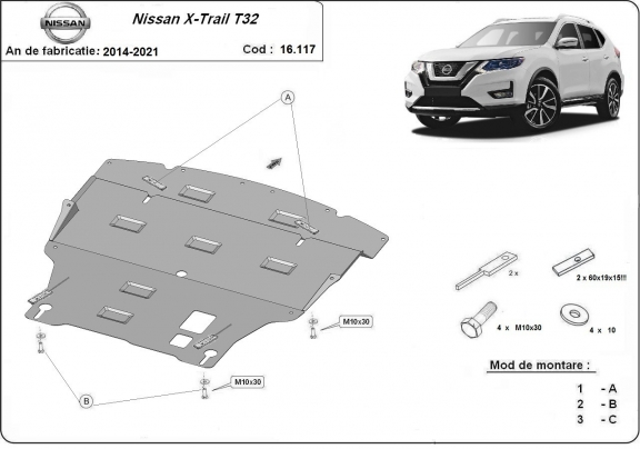 Acél motor, sebességváltó, hűtő, első lökhárító védőlemez Nissan X-Trail T32